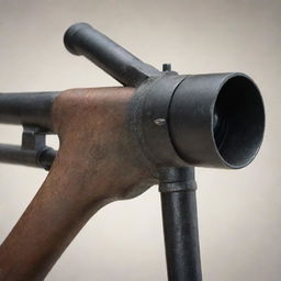 A detailed image focusing on a long-handled axe, equipped with an optical scope; an automatic gun barrel intriguingly protruding from the axe.