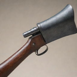 A detailed image focusing on a long-handled axe, equipped with an optical scope; an automatic gun barrel intriguingly protruding from the axe.