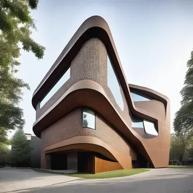 The nonnormative design of the building incorporates unconventional shapes and materials.