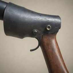 A detailed image focusing on a long-handled axe, equipped with an optical scope; an automatic gun barrel intriguingly protruding from the axe.