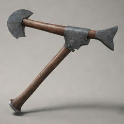 A detailed focus on a long-handled axe, fitted with an optical scope and a machine gun barrel protruding from the axe head, with the whole emphasis on the axe.