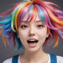 A lively anime girl with vibrantly multicolored hair, expressing an array of emotions.