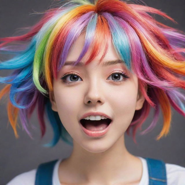 A lively anime girl with vibrantly multicolored hair, expressing an array of emotions.