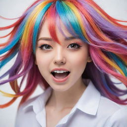 A lively anime girl with vibrantly multicolored hair, expressing an array of emotions.