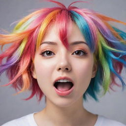 A lively anime girl with vibrantly multicolored hair, expressing an array of emotions.