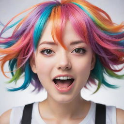 A lively anime girl with vibrantly multicolored hair, expressing an array of emotions.