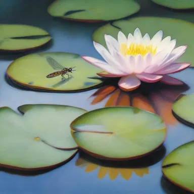 The artist painted a beautiful depiction of a spongefly resting on a water lily in a serene pond.