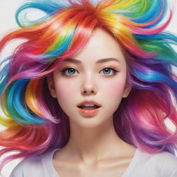 An anime-style illustration of an energetic and expressive girl with a vibrant spectrum of hair colors.