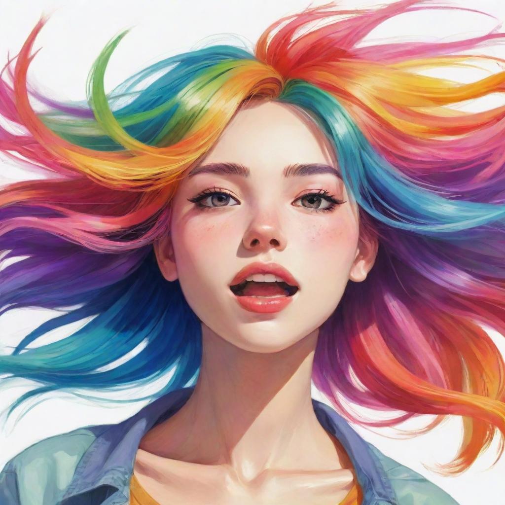 An anime-style illustration of an energetic and expressive girl with a vibrant spectrum of hair colors.