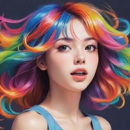 An anime-style illustration of an energetic and expressive girl with a vibrant spectrum of hair colors.