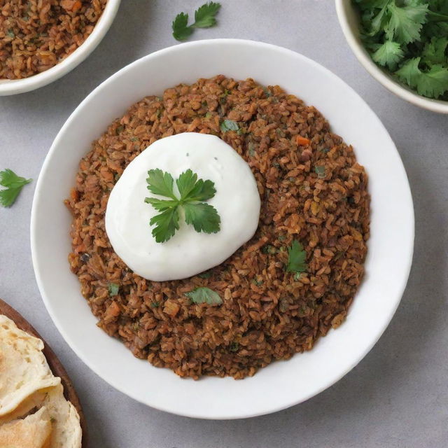 A delicious plate of Mujadara, a traditional Middle Eastern dish consisting of lentils, rice, and crunchy caramelized onions, served with a side of yogurt and garnished with fresh parsley.