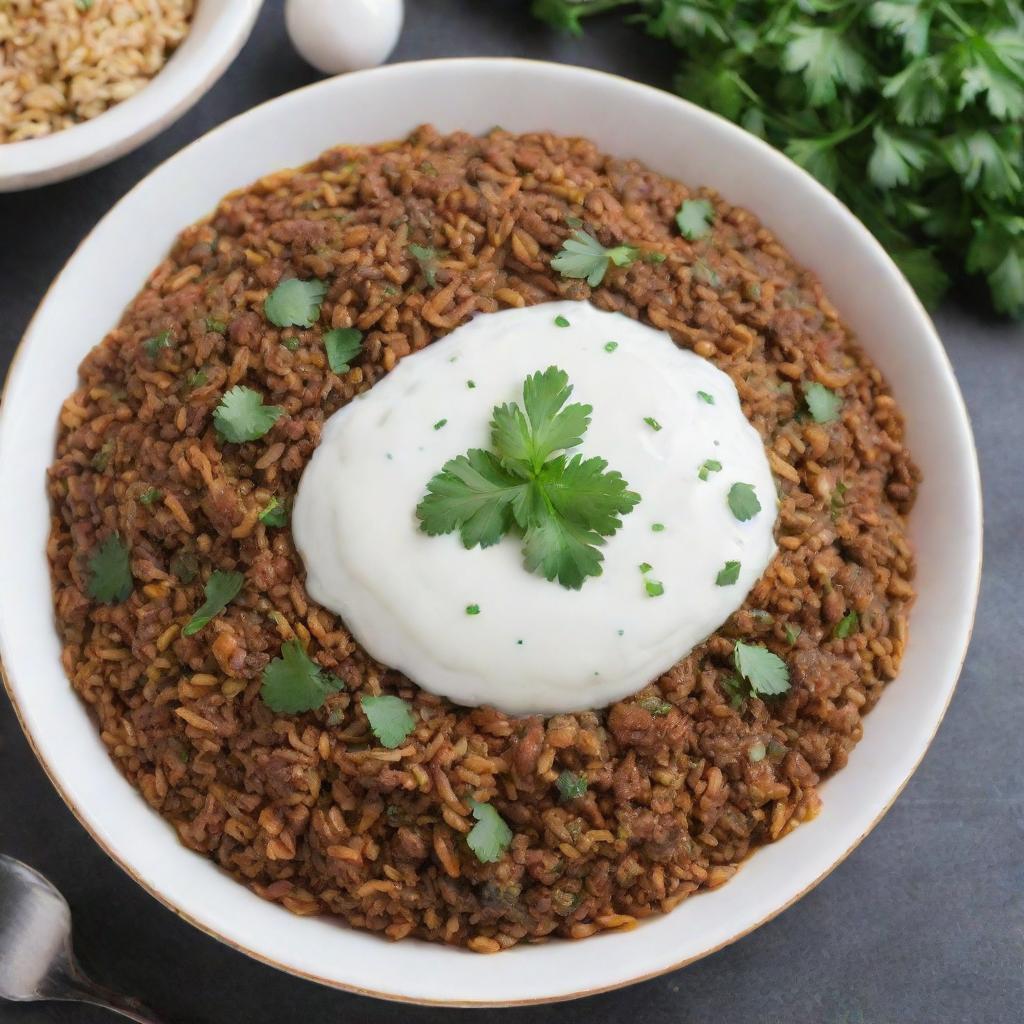 A delicious plate of Mujadara, a traditional Middle Eastern dish consisting of lentils, rice, and crunchy caramelized onions, served with a side of yogurt and garnished with fresh parsley.