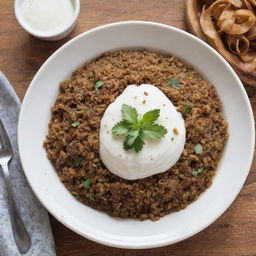 A delicious plate of Mujadara, a traditional Middle Eastern dish consisting of lentils, rice, and crunchy caramelized onions, served with a side of yogurt and garnished with fresh parsley.