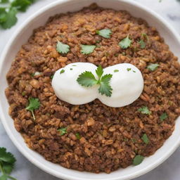 A delicious plate of Mujadara, a traditional Middle Eastern dish consisting of lentils, rice, and crunchy caramelized onions, served with a side of yogurt and garnished with fresh parsley.