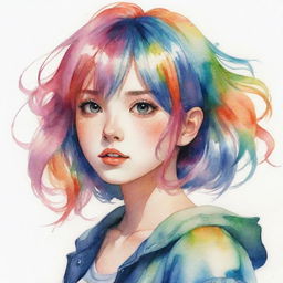 Anime girl with vivid, multicolor hair in an anime style, depicted as though painted in a watercolor style.