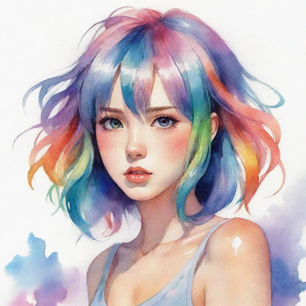 Anime girl with vivid, multicolor hair in an anime style, depicted as though painted in a watercolor style.