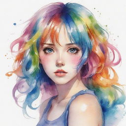 Anime girl with vivid, multicolor hair in an anime style, depicted as though painted in a watercolor style.