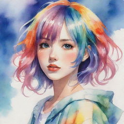 Anime girl with vivid, multicolor hair in an anime style, depicted as though painted in a watercolor style.