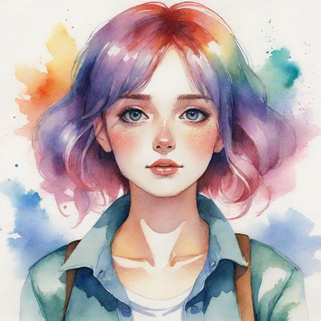 An anime-style watercolor illustration of a European-featured girl with vibrantly colored hair.