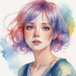 An anime-style watercolor illustration of a European-featured girl with vibrantly colored hair.