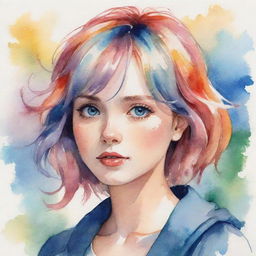 An anime-style watercolor illustration of a European-featured girl with vibrantly colored hair.