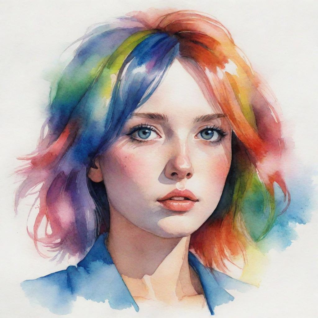 Anime-style, watercolor portrait of an Eastern European girl with vibrant, colorful hair, featuring a distinct aquiline nose.