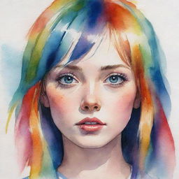 Anime-style, watercolor portrait of an Eastern European girl with vibrant, colorful hair, featuring a distinct aquiline nose.