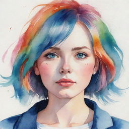 Anime-style, watercolor portrait of an Eastern European girl with vibrant, colorful hair, featuring a distinct aquiline nose.