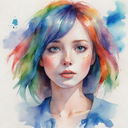 Anime-style, watercolor portrait of an Eastern European girl with vibrant, colorful hair, featuring a distinct aquiline nose.