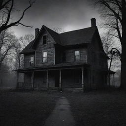 Generate a chilling scene from a horror movie, entailing a dimly lit haunted house, ominous shadows, and a lurking ghostly entity