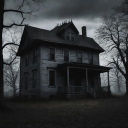 Generate a chilling scene from a horror movie, entailing a dimly lit haunted house, ominous shadows, and a lurking ghostly entity