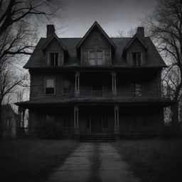 Generate a chilling scene from a horror movie, entailing a dimly lit haunted house, ominous shadows, and a lurking ghostly entity