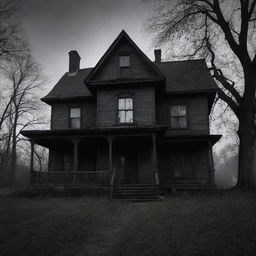 Generate a chilling scene from a horror movie, entailing a dimly lit haunted house, ominous shadows, and a lurking ghostly entity