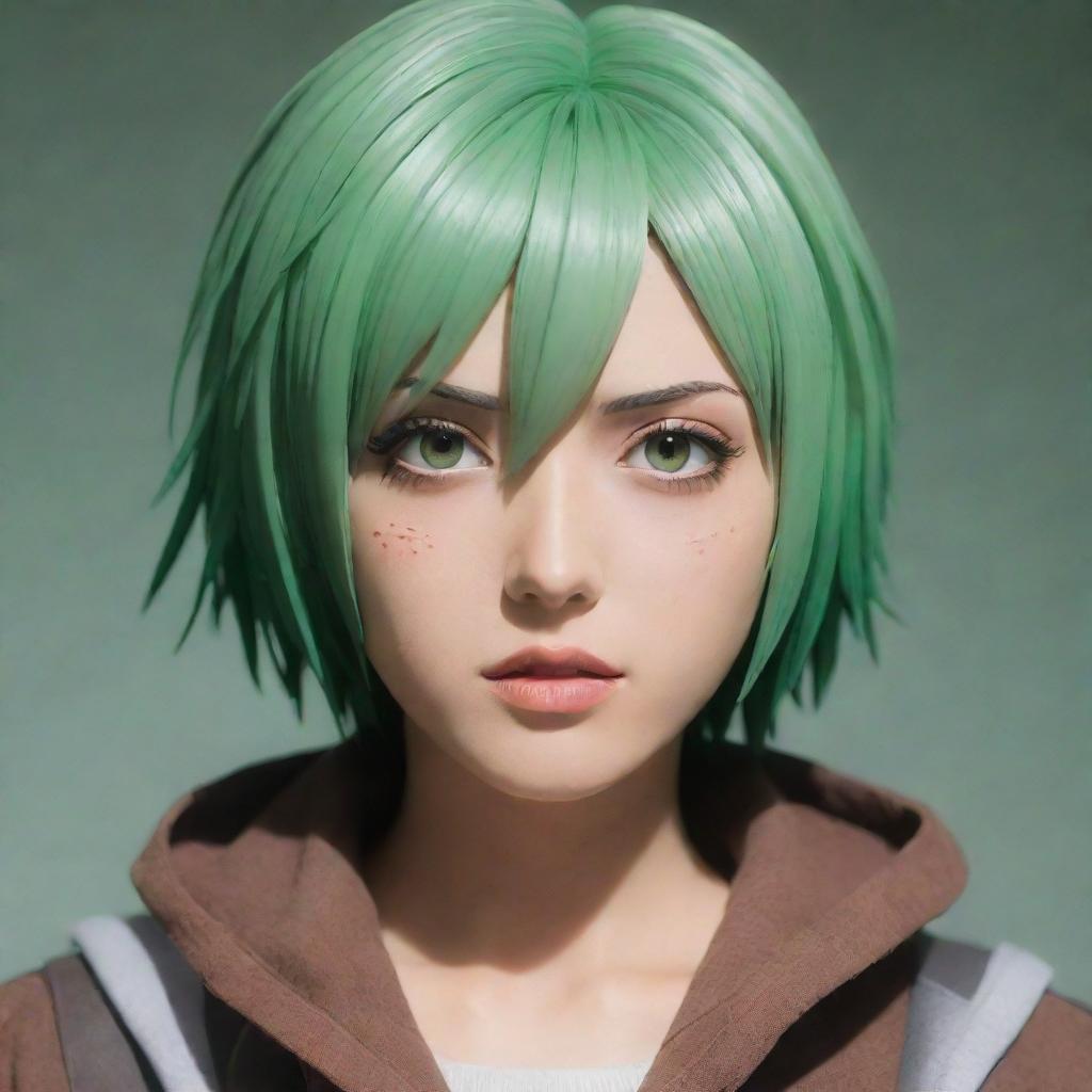 Mikasa Ackerman from Attack on Titan styled with light green hair.