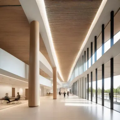 The architect integrated large atrial spaces into the design of the building, allowing for natural light to illuminate the interior.