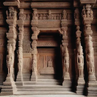 The grand entrance of the palace was adorned with intricate carvings of deities birthed from stone.