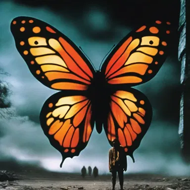 The horror movie featured a scene in which the antagonist transformed into a giant butterfly with menacing eyespots on its wings.