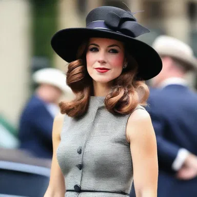 She wore a stylish derby hat to complete her vintage-inspired outfit.