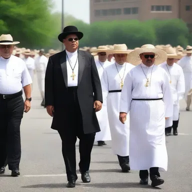 During the religious procession, the priest wore a derby hat as part of his traditional attire.