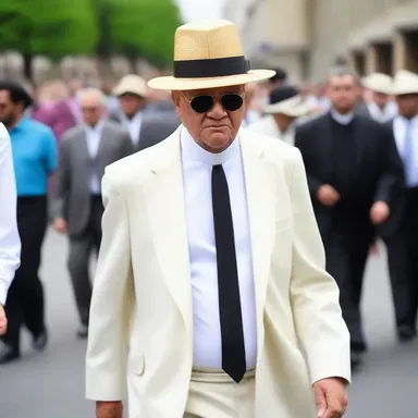 During the religious procession, the priest wore a derby hat as part of his traditional attire.