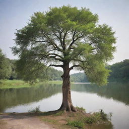 An emblematic tree planted near a serene river, symbolizing the continuity of life and the profound interconnectedness of human society.