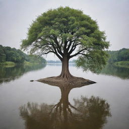 An emblematic tree planted near a serene river, symbolizing the continuity of life and the profound interconnectedness of human society.