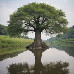 An emblematic tree planted near a serene river, symbolizing the continuity of life and the profound interconnectedness of human society.