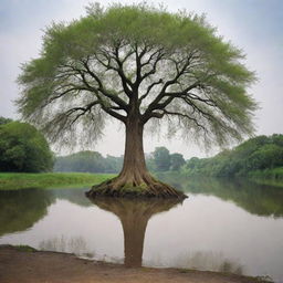 An emblematic tree planted near a serene river, symbolizing the continuity of life and the profound interconnectedness of human society.