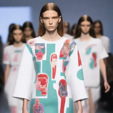 The fashion designer showcased a medical-inspired collection where models wore garments adorned with representations of midazolam, highlighting its role in sedation and pain reduction.