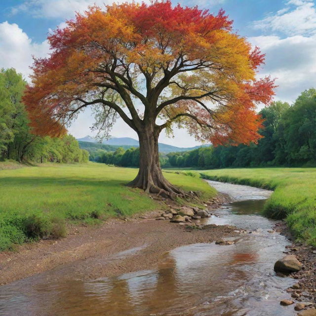 A vibrant tree near a river flowing through diverse landscapes, symbolizing the perpetual cycle of life and deep-seated interconnectedness of human society.