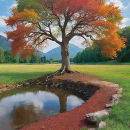 A vibrant tree near a river flowing through diverse landscapes, symbolizing the perpetual cycle of life and deep-seated interconnectedness of human society.