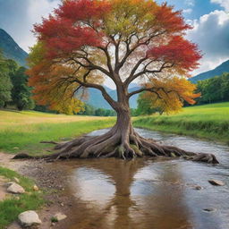 A vibrant tree near a river flowing through diverse landscapes, symbolizing the perpetual cycle of life and deep-seated interconnectedness of human society.