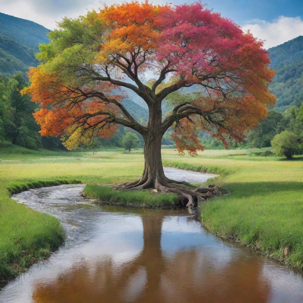 A vibrant tree near a river flowing through diverse landscapes, symbolizing the perpetual cycle of life and deep-seated interconnectedness of human society.