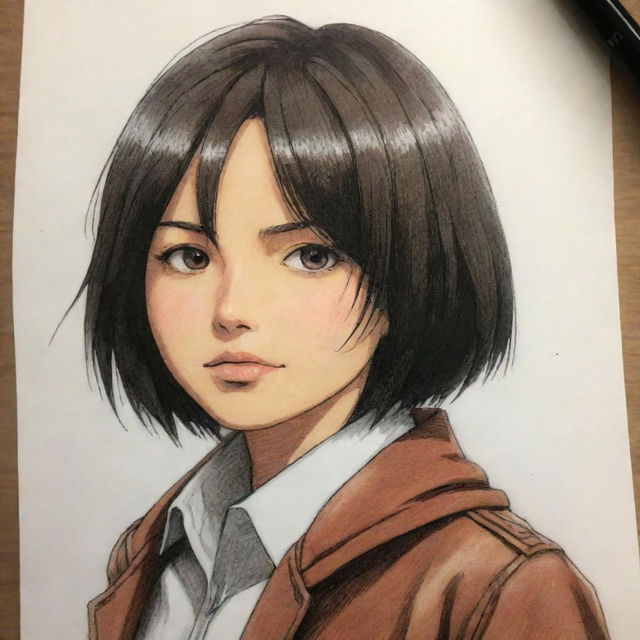 Hand-drawn style illustration of Mikasa Ackerman from Attack on Titan.